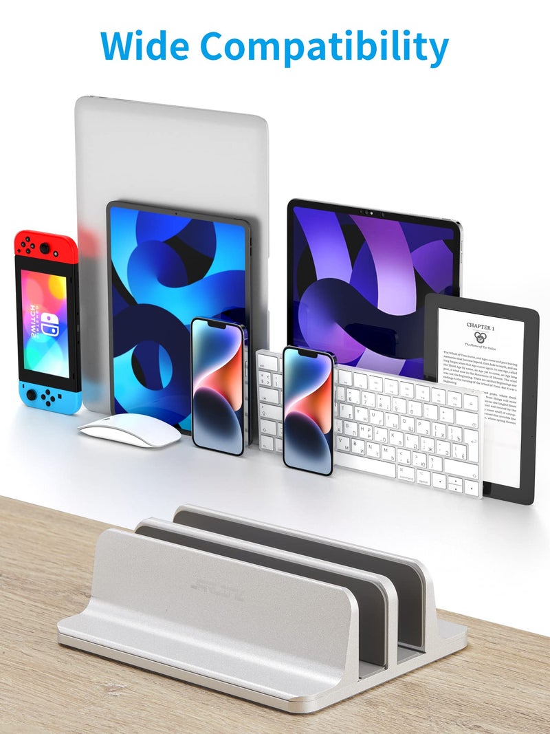 JARLINK Vertical Laptop Stand Holder, Aluminum Double Desktop Stand Holder with Adjustable Dock (Up to 17.3 inch), Compatible with MacBook, Surface, Chromebook, and Gaming Laptops, Silver - Image 2
